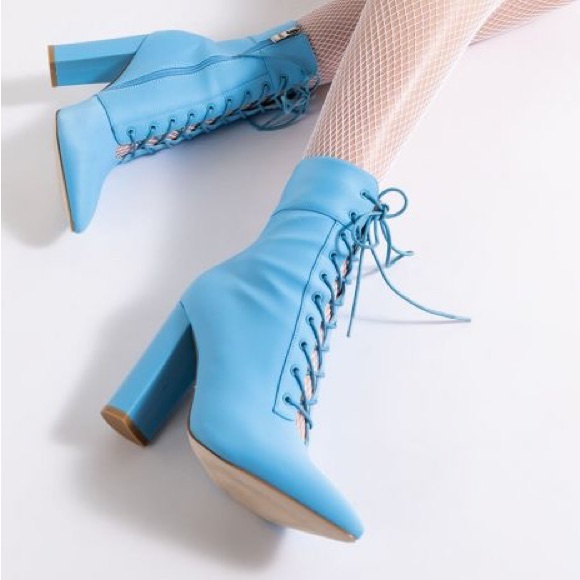 Azalea Wang Blue Lace Up Nylon High Heel Boots - Picture 1 of 6